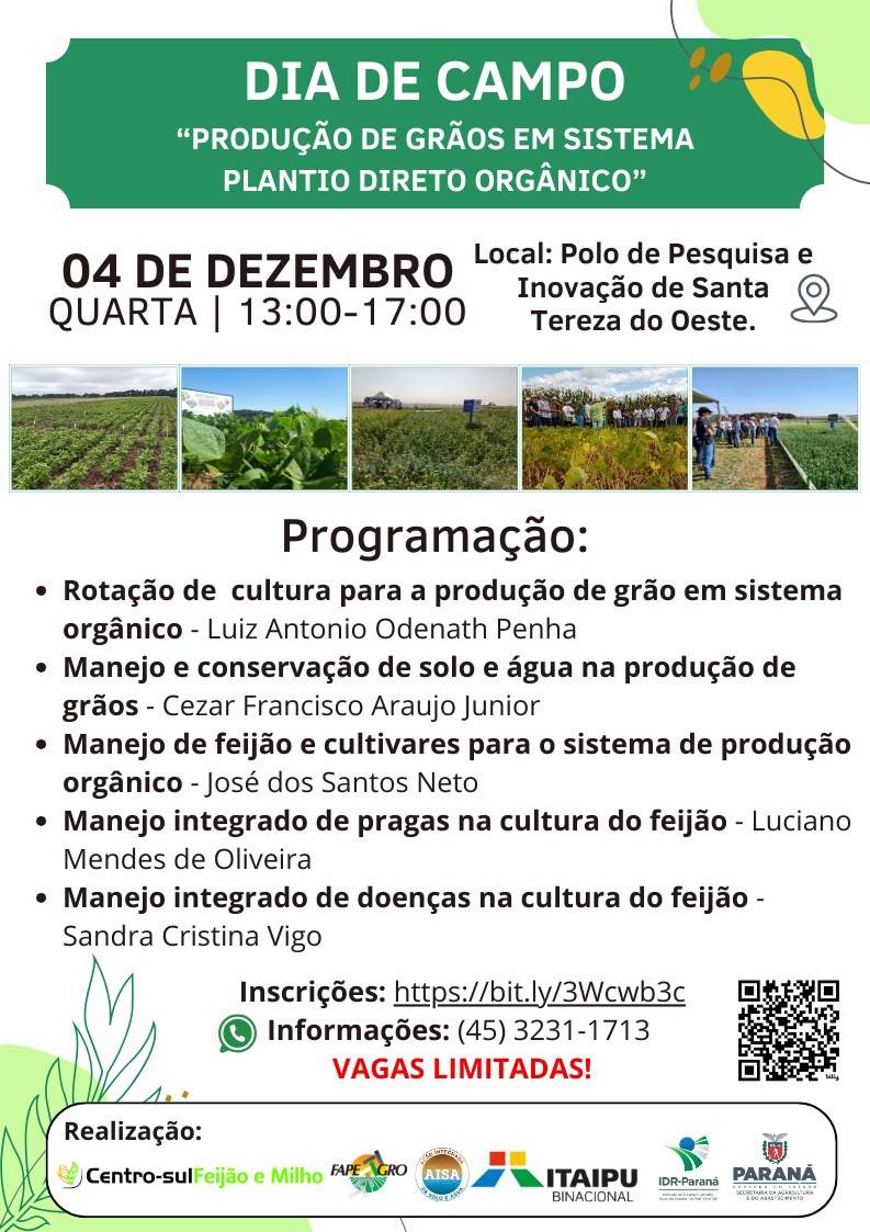 Dia de Campo: Produção de grãos em sistema plantio direto orgânico